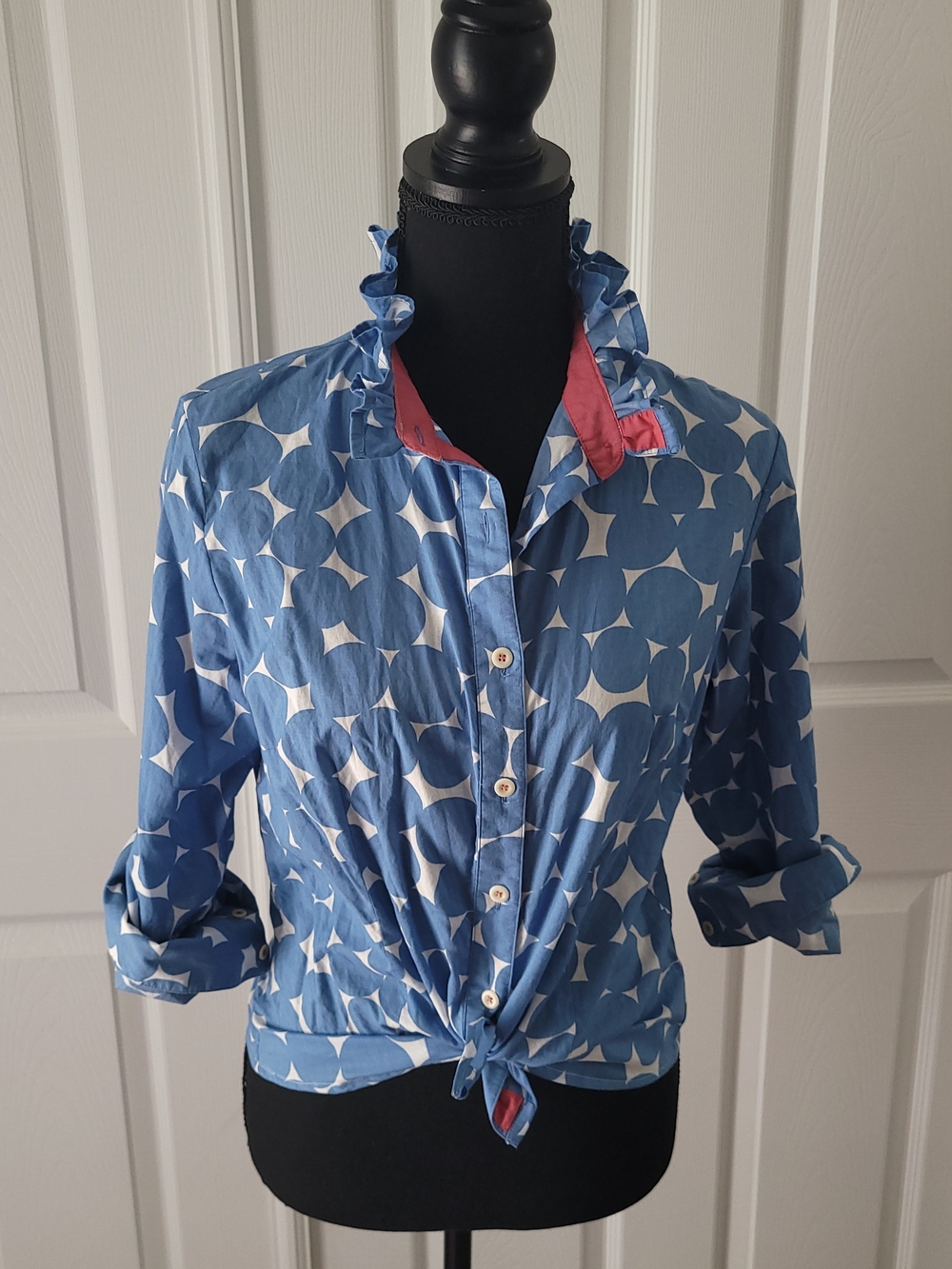Blue Geometric Tie-Front Women's Button-Up Top